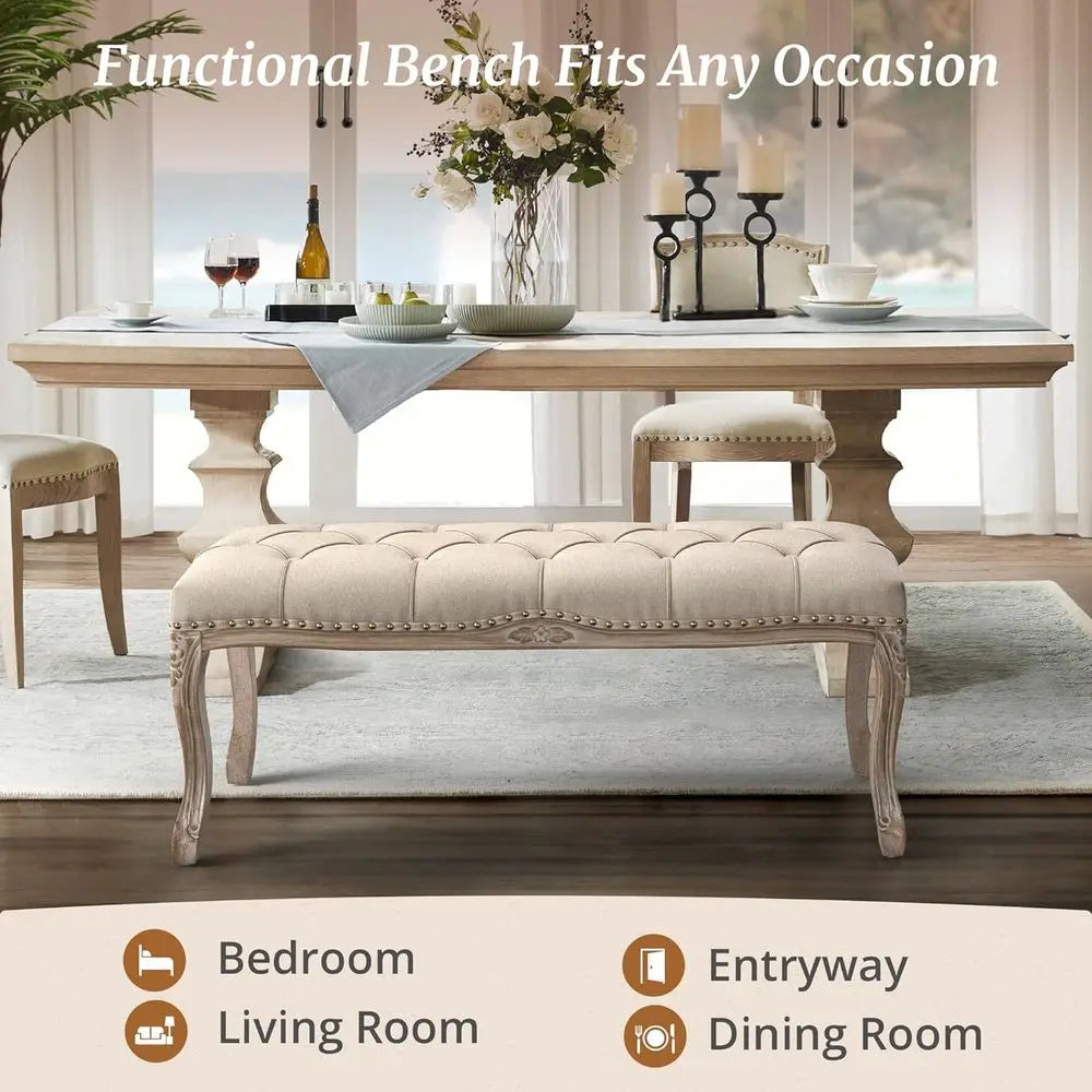 French Vintage Tufted Linen Bedroom Bench With Distressed Wood Legs