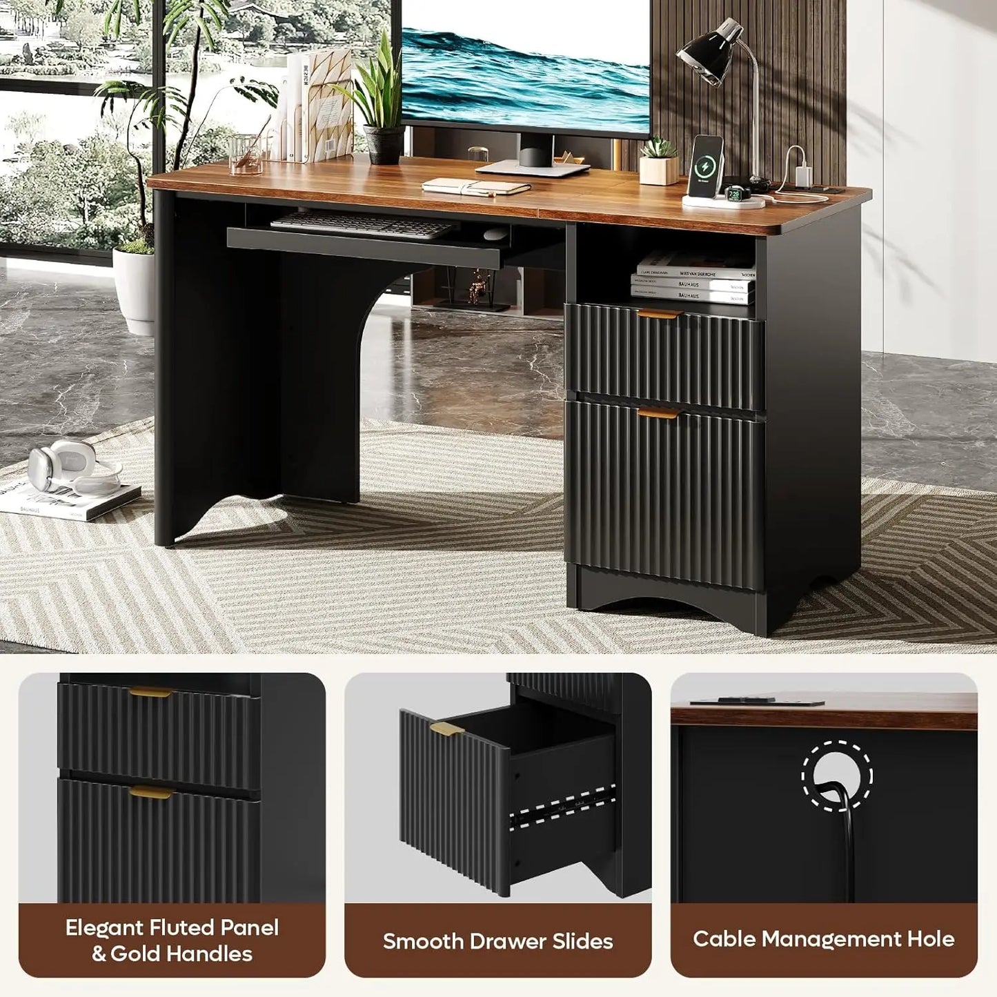 Computer Desk With Keyboard Tray And Power Outlet File Drawer