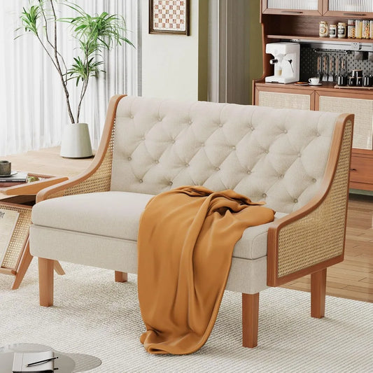 Loveseat Settee Bench With Natural Rattan Arms Upholstered Modern Sofa