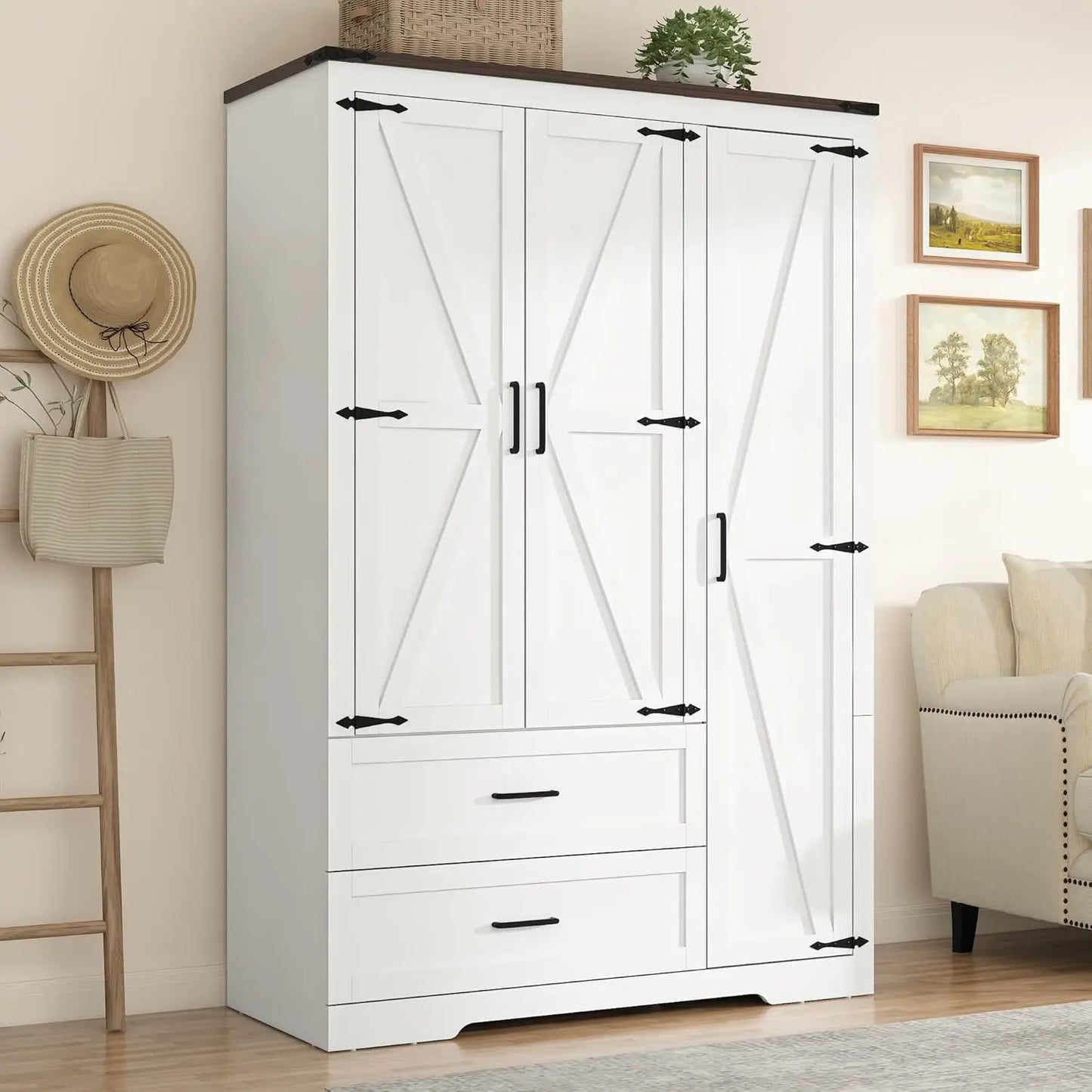 HUANZHUANG Farmhouse Wooden Wardrobe Armoire With 3 Doors 2 Drawers