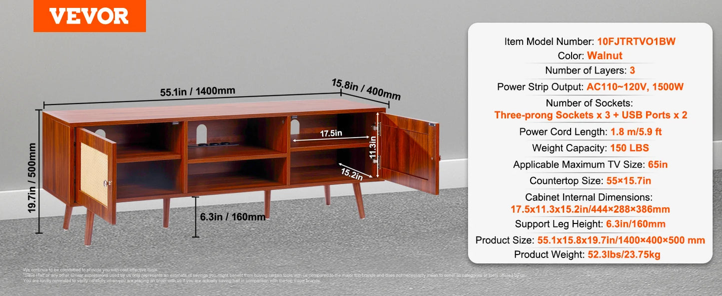 SucceBuy Rattan TV Stand With Built-In USB Ports and Shelves
