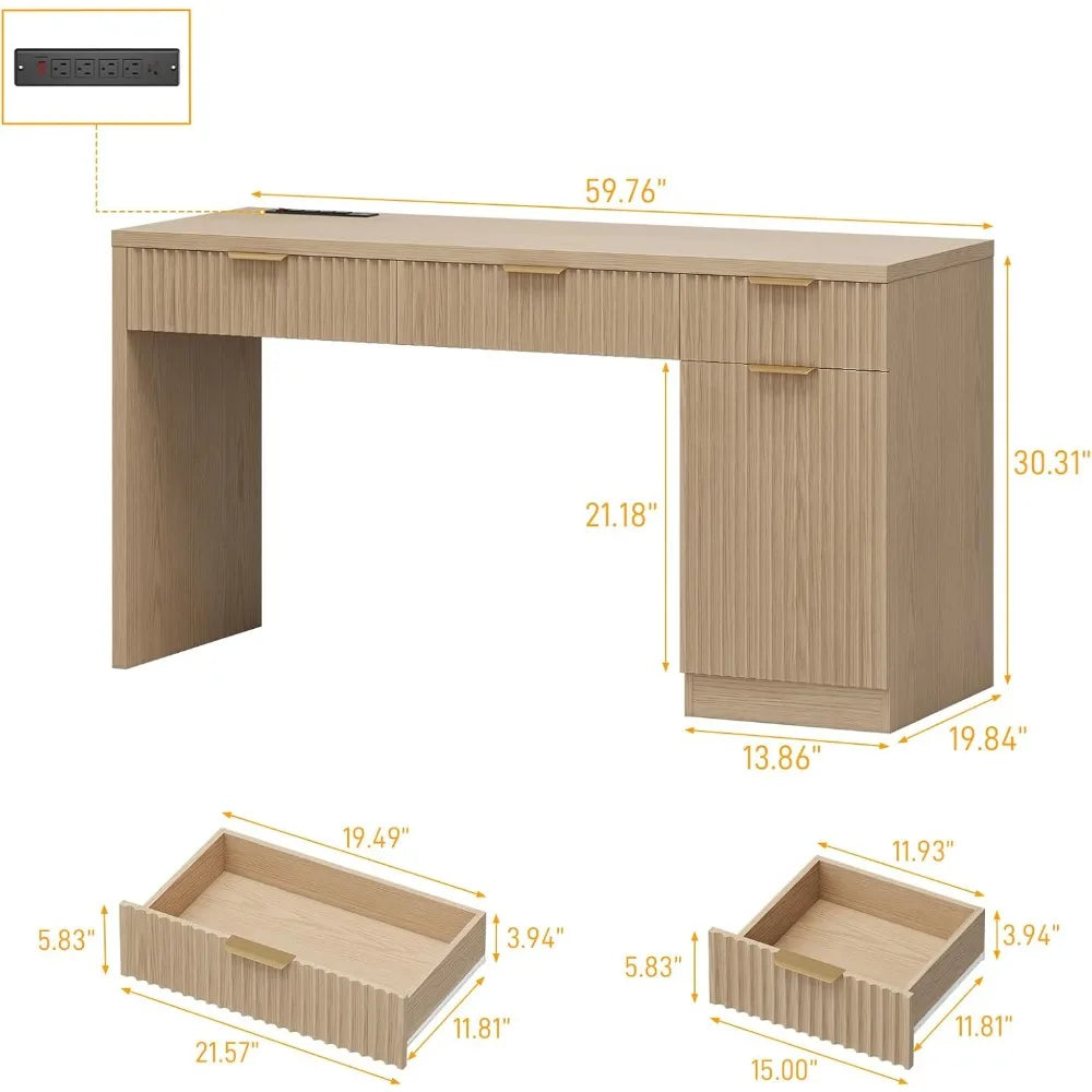 None Wood Executive Desk With Fluted Drawers And Charging Station