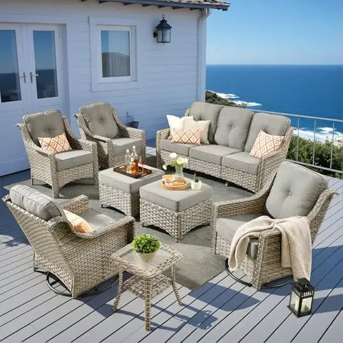 6 Piece All Weather Patio Outdoor Furniture Set Wicker Rattan Sofa Ottoman