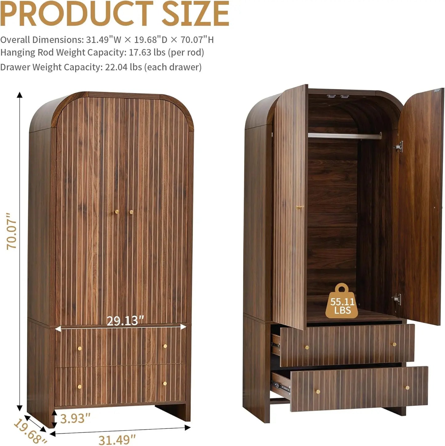 Arched Armoire Wardrobe Modern Two Door With Hanging Rod Drawers