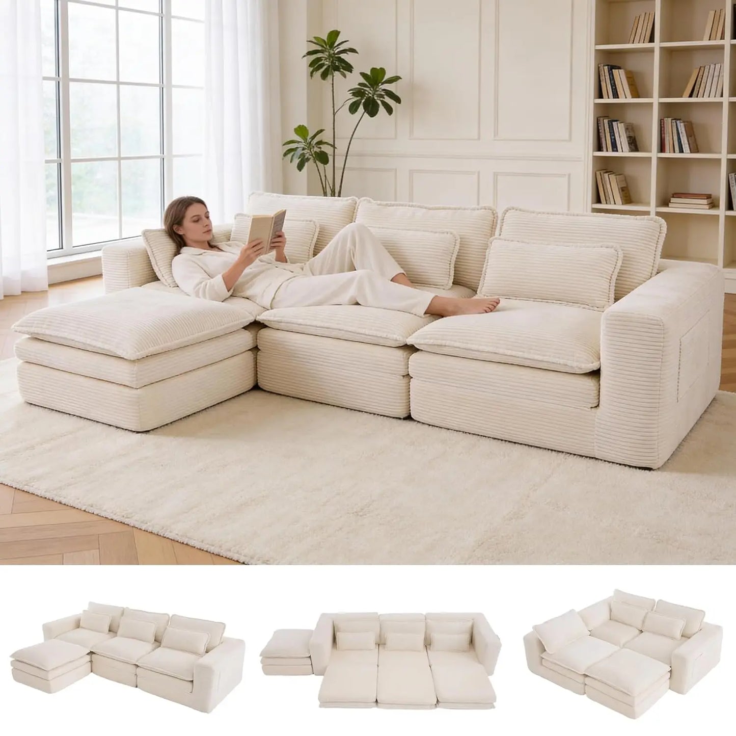 L Shape Modular Sectional Sofasystem With Ottoman ThreeLayer Convertible Pullout
