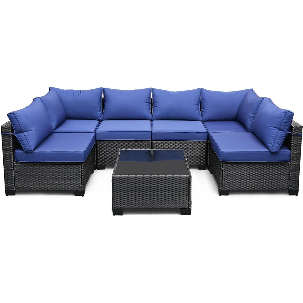 HiMISS 7 Piece PE Rattan Patio Set With Cushions And Glass Coffee Table