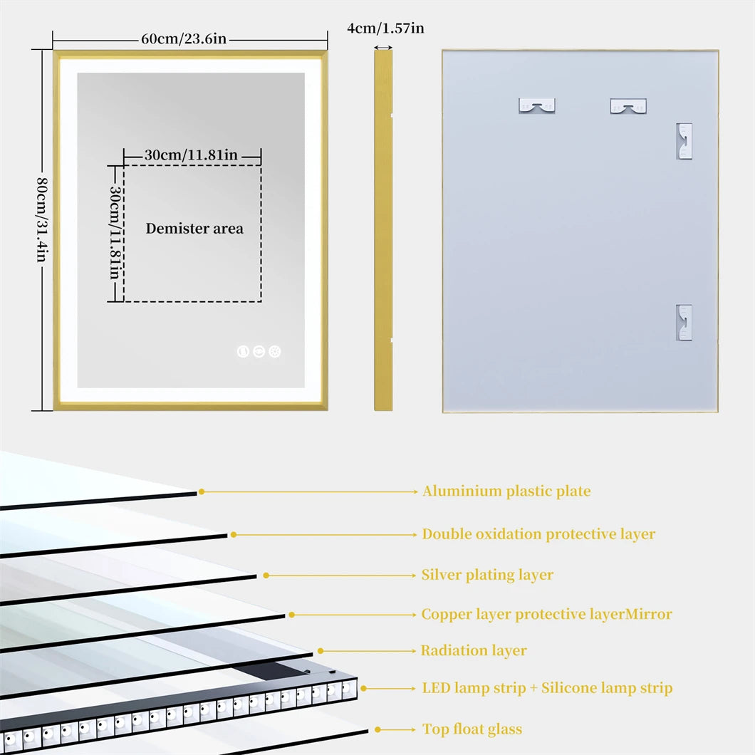 BORWART LED Bathroom Mirror With Aluminum Frame Dimmable Front Light