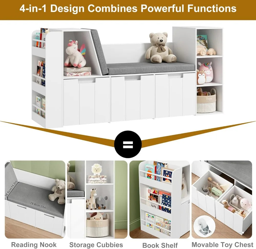 Kids Reading Nook With Bookshelf, Bench And Rolling Drawers For Playroom Storage Solutions