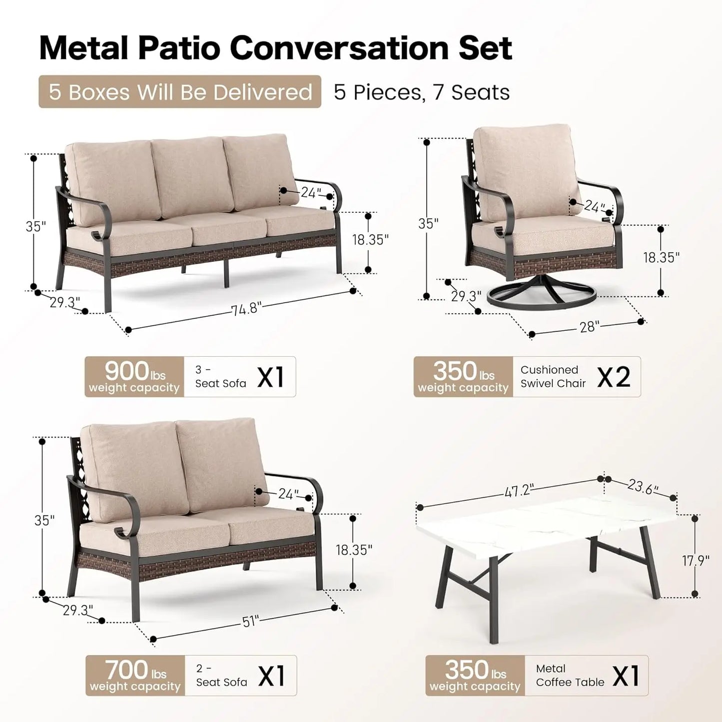 Outdoor Patio Furniture 5 Piece Conversation Set With Coffee Table