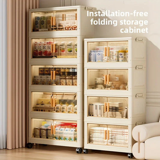 Three To Five Tier Foldable Cabinet With Lidded Storage On Wheels Stackable