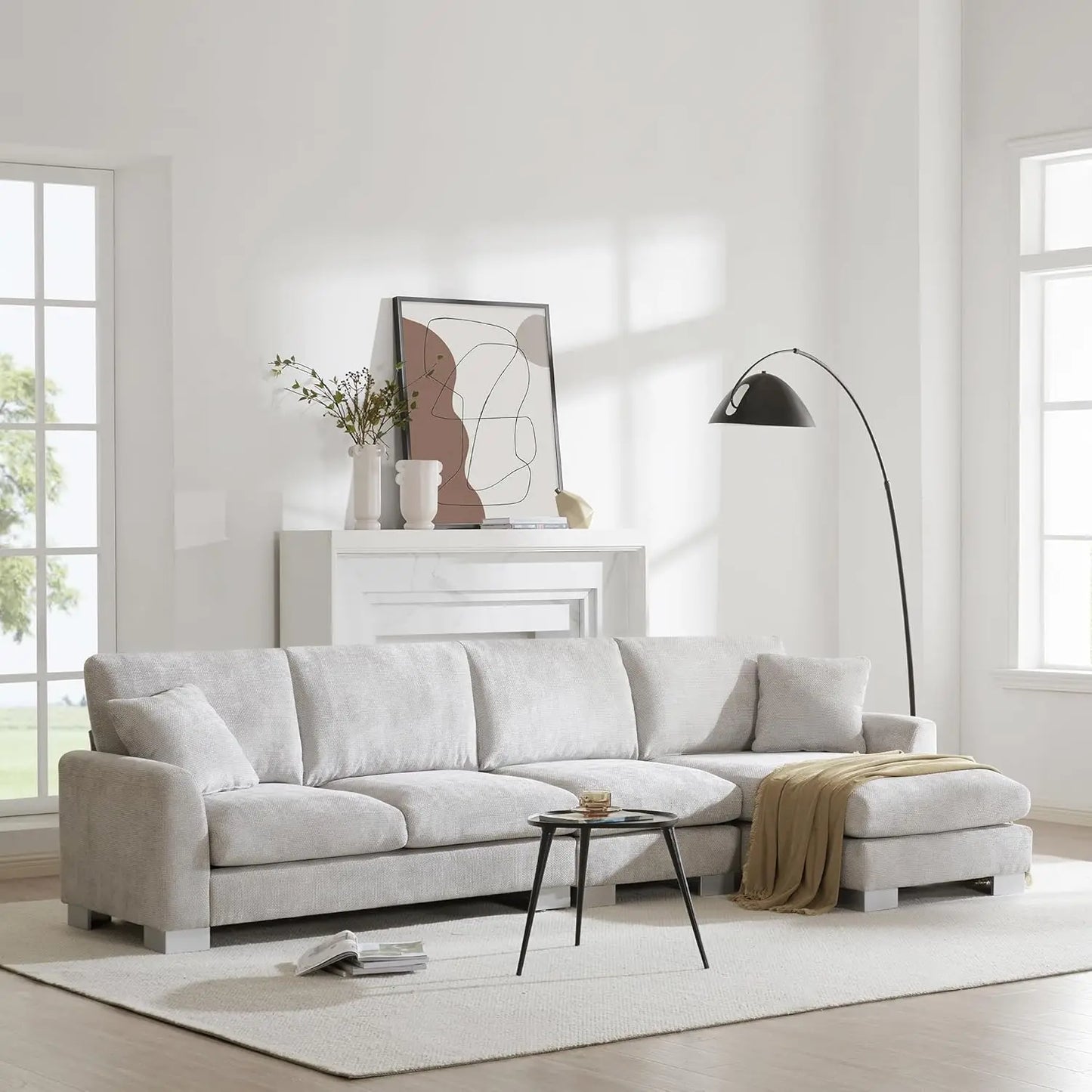 Modern L Shaped Chenille Sectional Sofa Set With Free Pillows