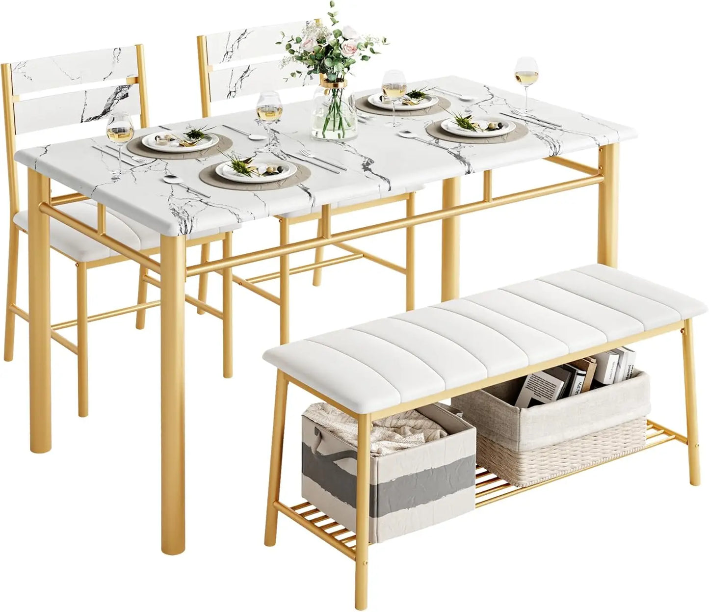 IRONCK Dining Table Set For Small Space With Upholstered Bench And 2 Chairs
