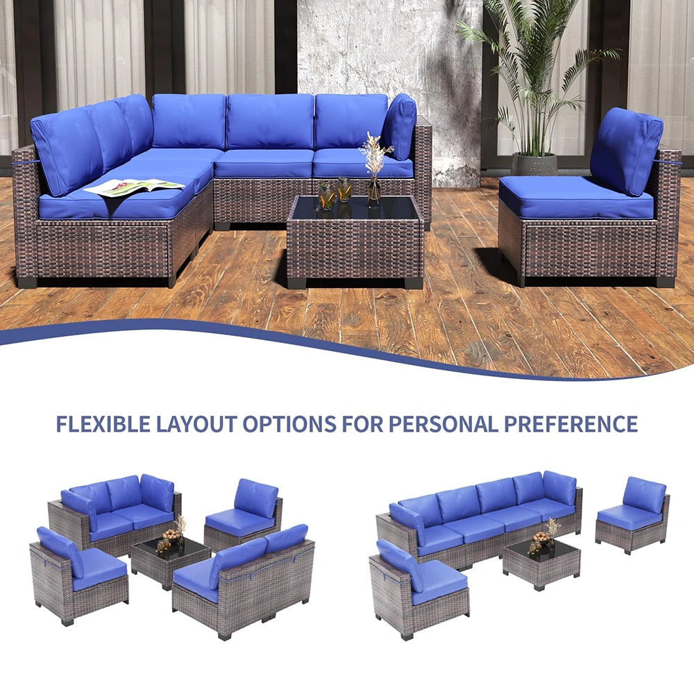 HiMISS 7 Piece PE Rattan Patio Set With Cushions And Glass Coffee Table