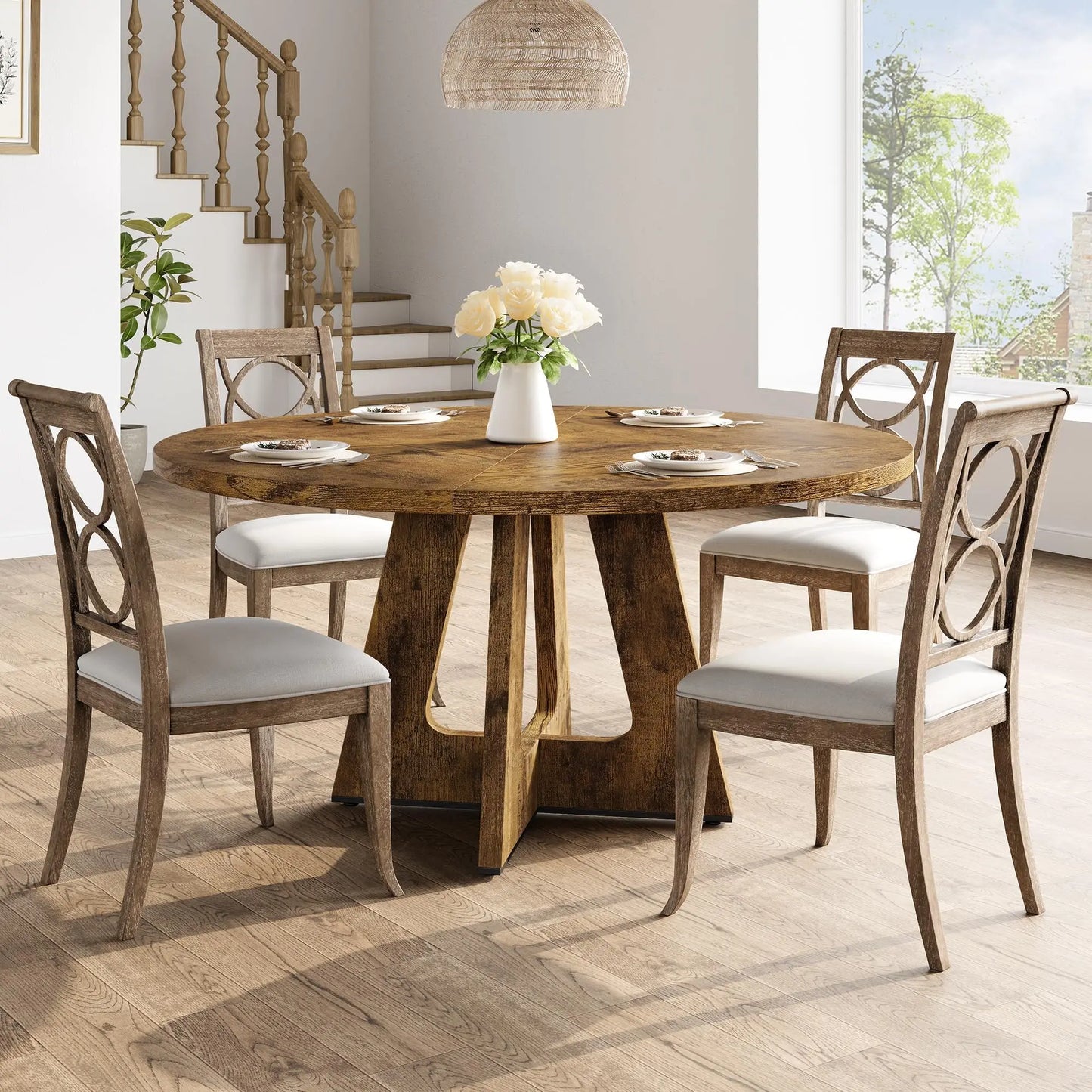 Farmhouse Round Wooden Dining Table For Home Dining Room