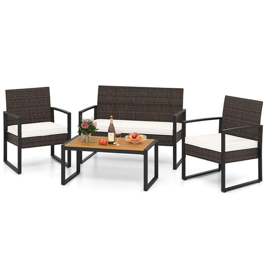 Outdoor Rattan Patio 4 Piece Set With Cushioned Chairs