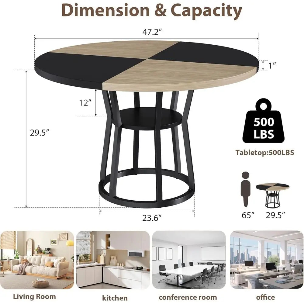 Round Farmhouse Dining Table With Built-In Storage and Metal Legs