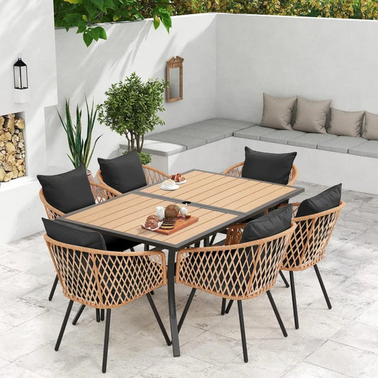 All-Weather Rattan Patio Dining Set With Removable Cushions Umbrella Hole