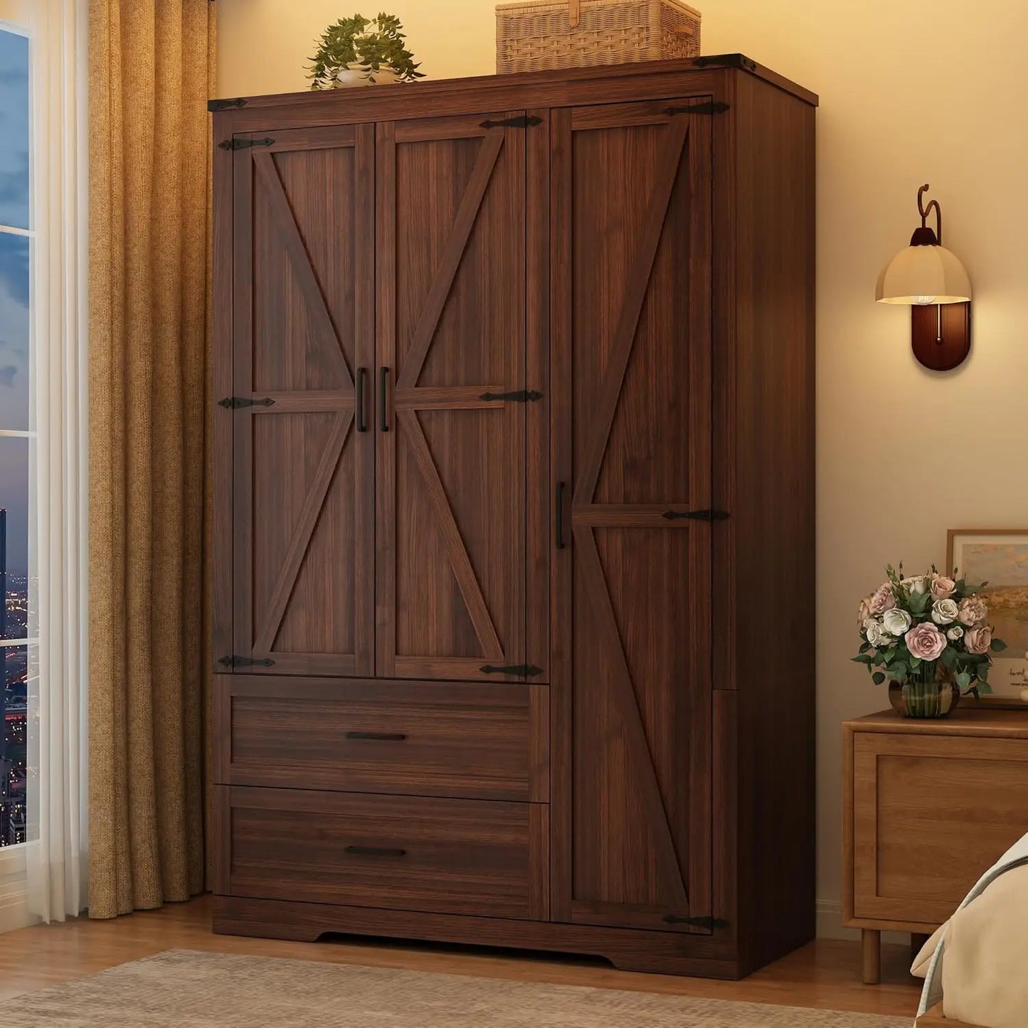 HUANZHUANG Farmhouse Wooden Wardrobe Armoire With 3 Doors 2 Drawers