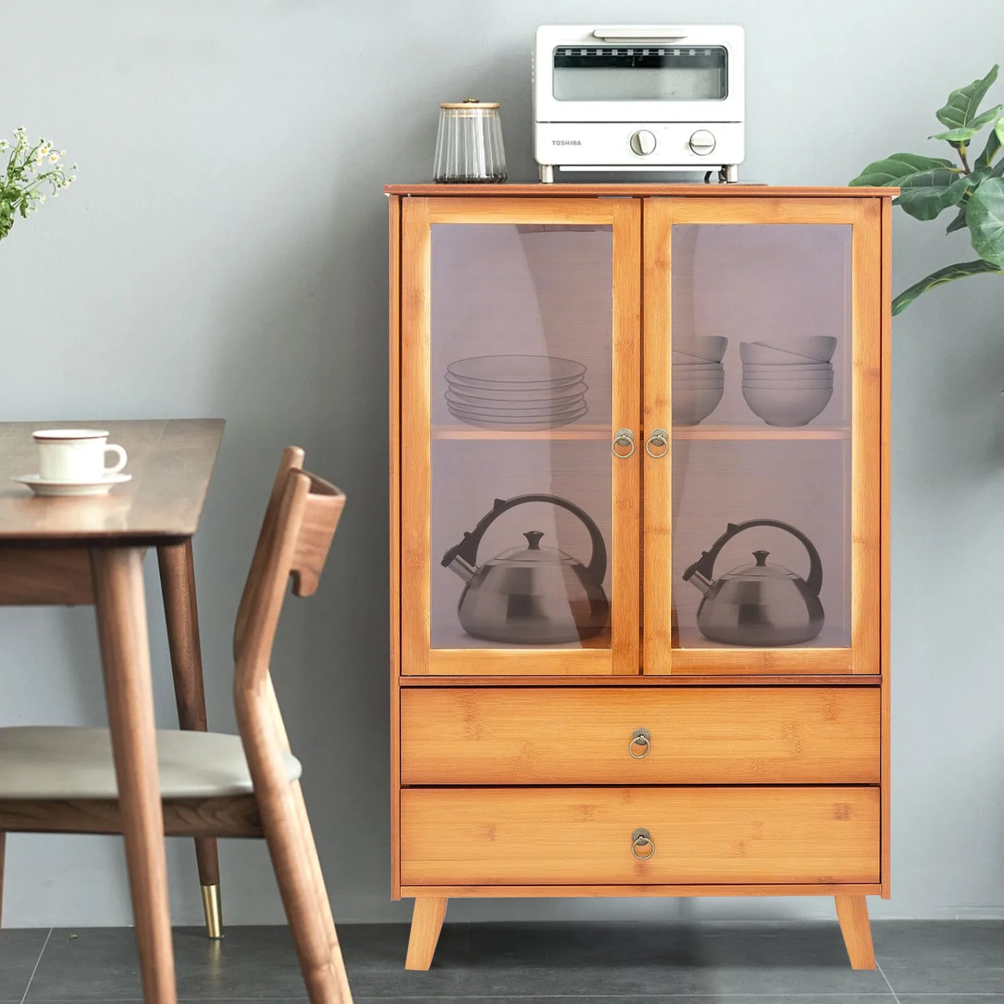Bymaocar Vintage Style 2 Tier Bamboo Kitchen Storage Cabinet