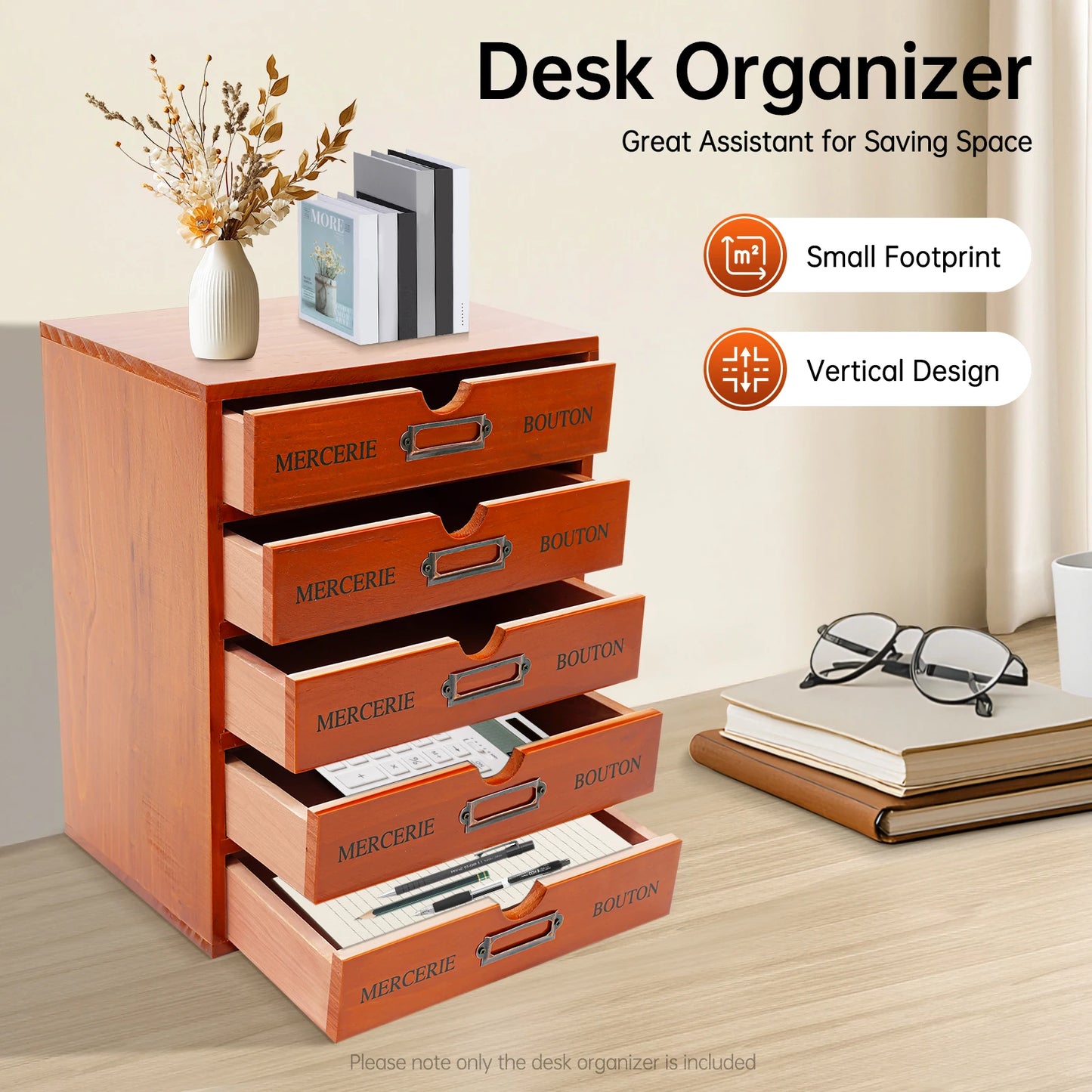 NONECN 5 Drawer Wooden Desk Organizer For Office Study Bedroom
