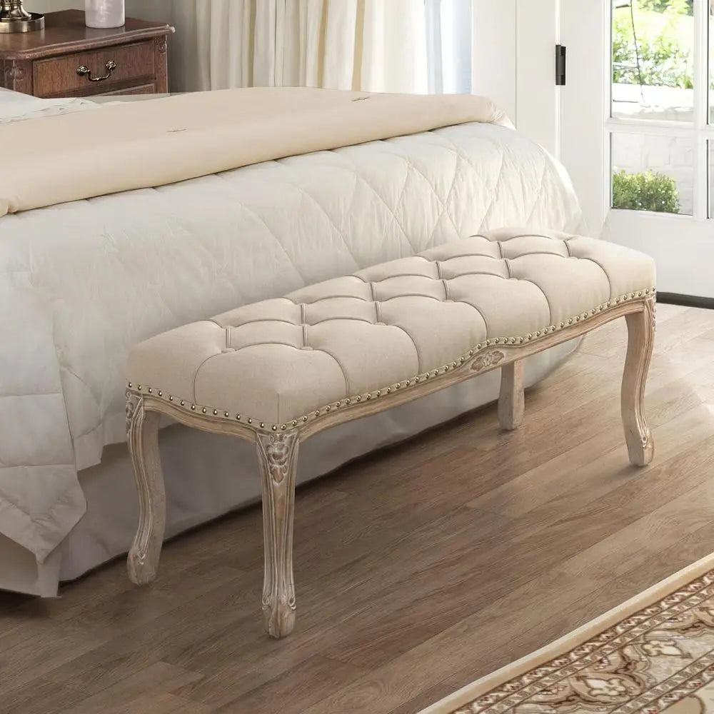 French Vintage Tufted Linen Bedroom Bench With Distressed Wood Legs