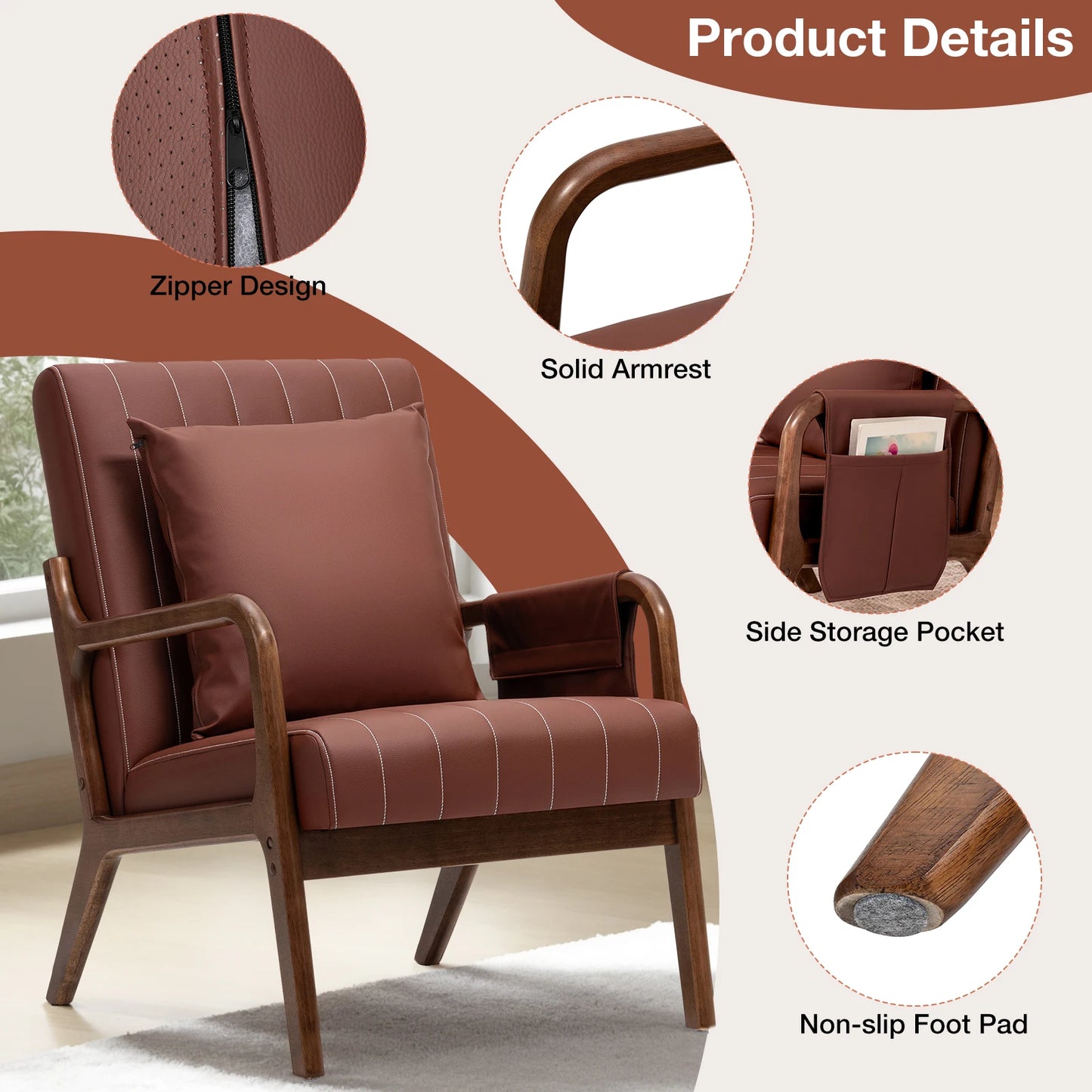 Hommpa Mid Century Wood Frame Accent Chair With PU Leather