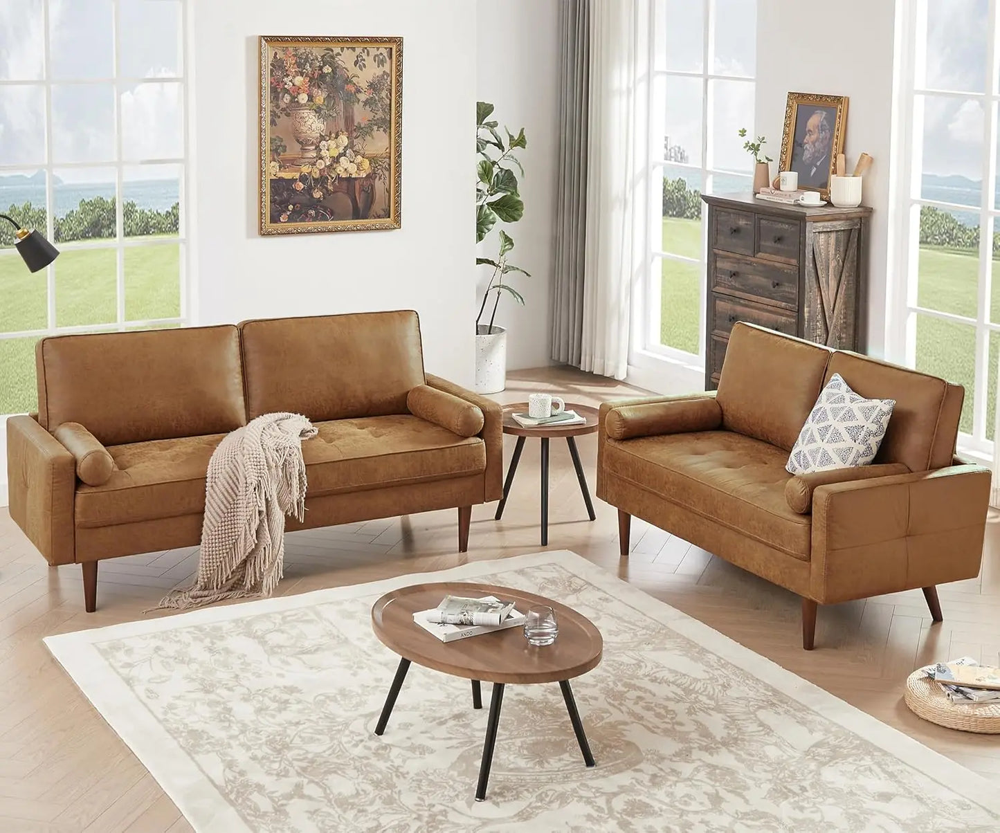 Mid Century Modern Faux Leather Loveseat Sofa With Sewn Detail