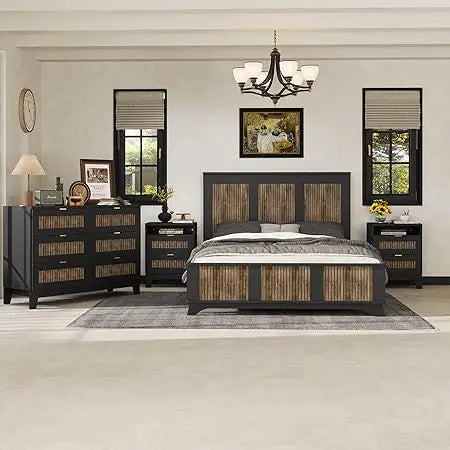 MKDK 4 Piece Queen Bedroom Set Platform Bed With Dresser And Nightstands Engineered Wood And Metal Construction