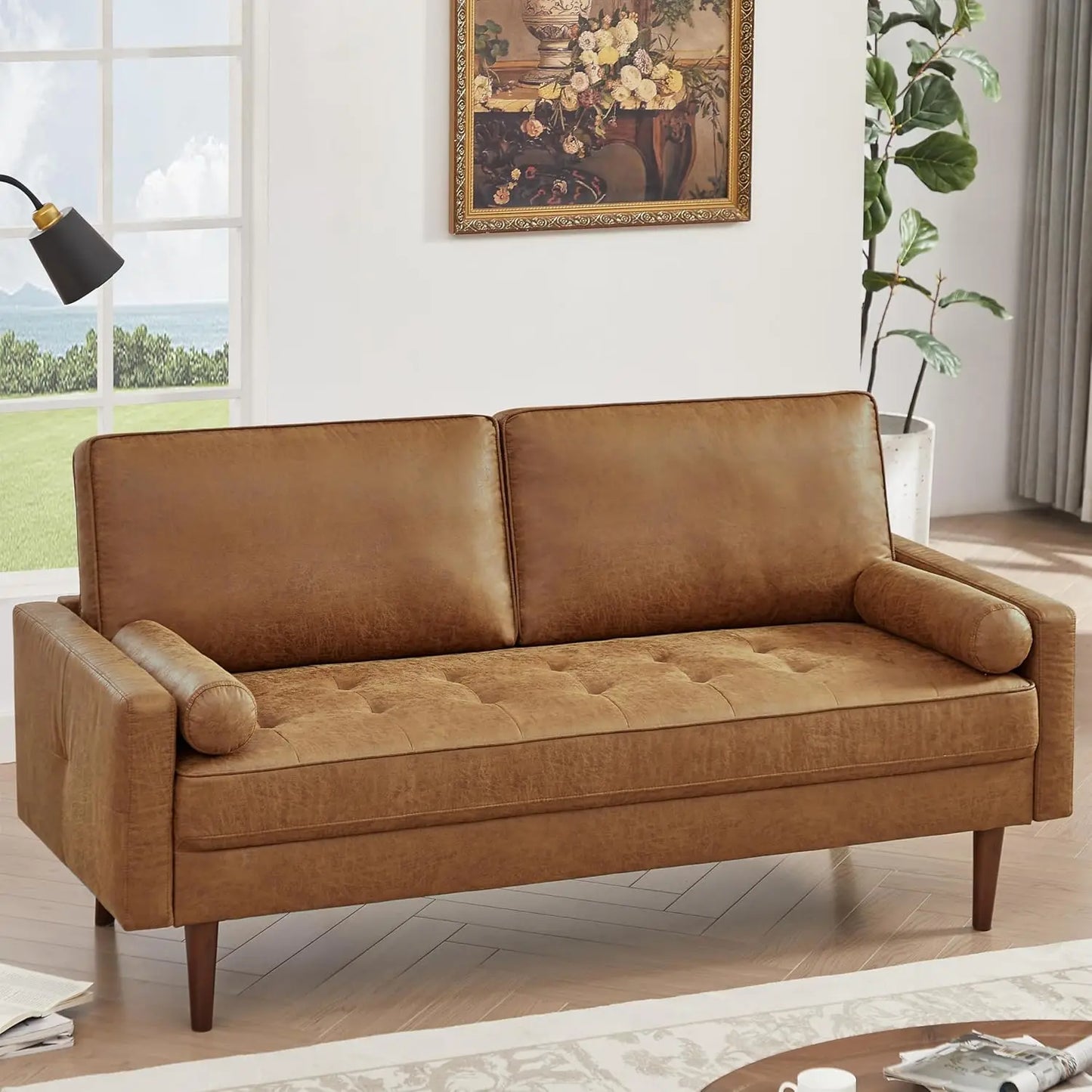Mid Century Modern Faux Leather Loveseat Sofa With Sewn Detail