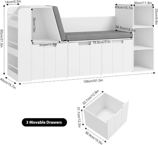 Kids Reading Nook With Bookshelf, Bench And Rolling Drawers For Playroom Storage Solutions