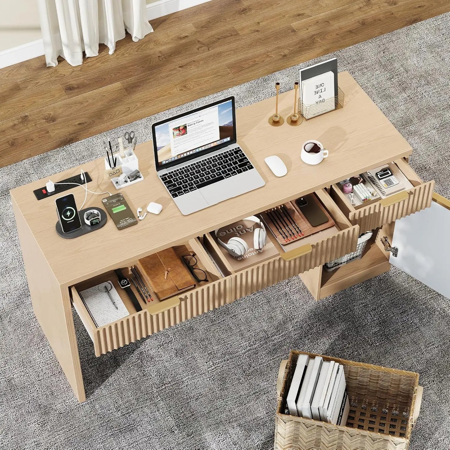 None Wood Executive Desk With Fluted Drawers And Charging Station