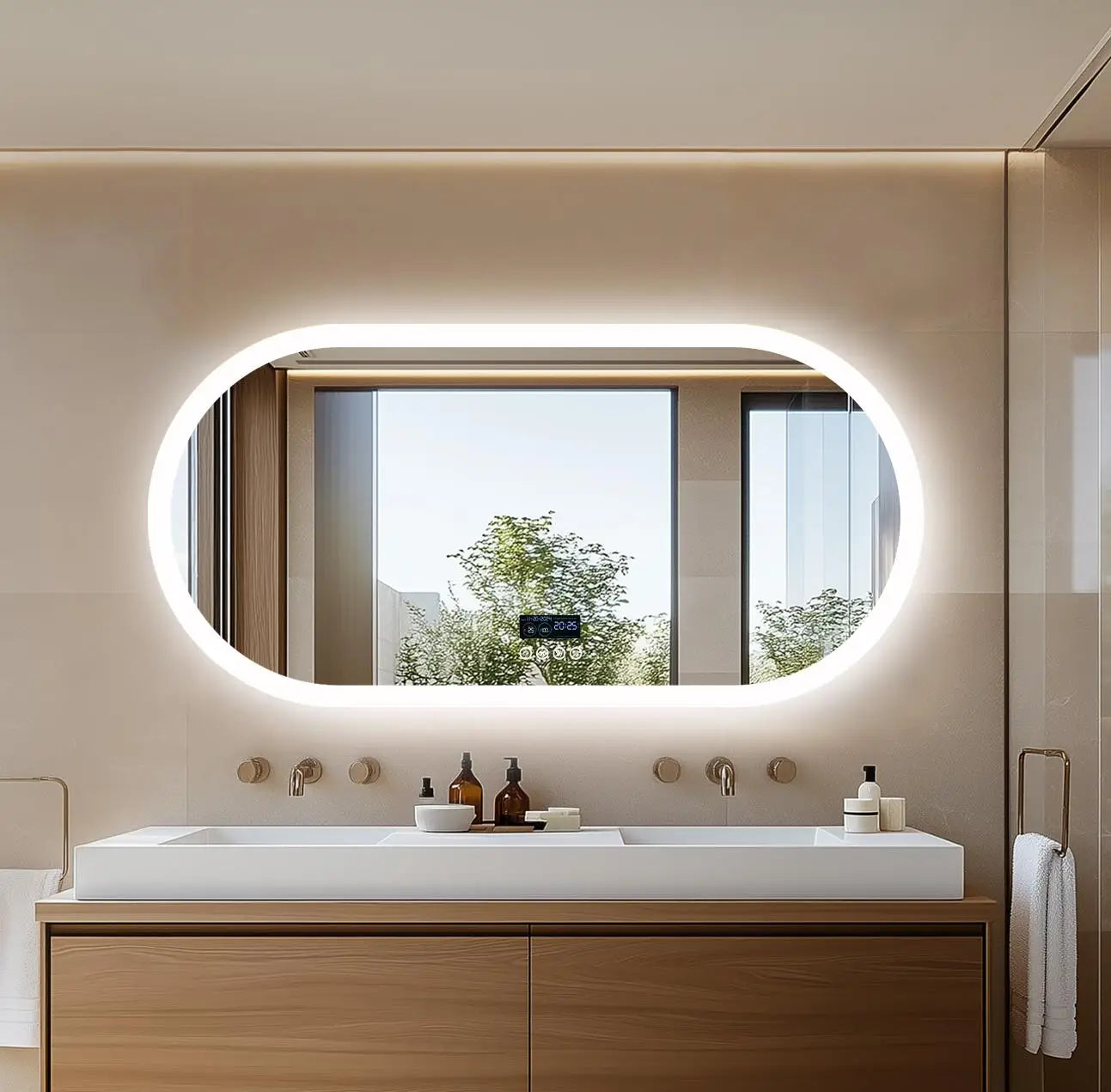 Oval LED Bathroom Mirror Wall-Mounted With Bluetooth Speaker Digital Display