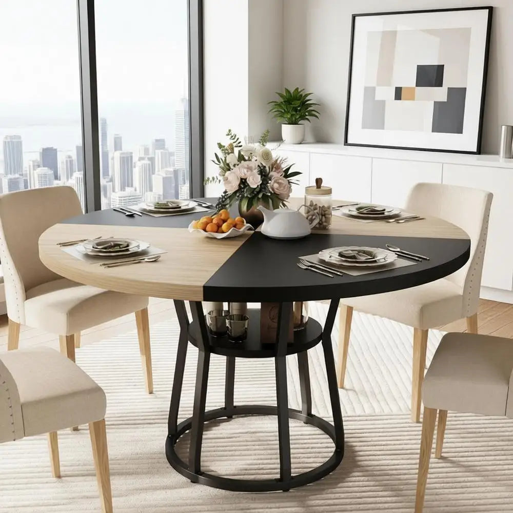 Round Farmhouse Dining Table With Built-In Storage and Metal Legs