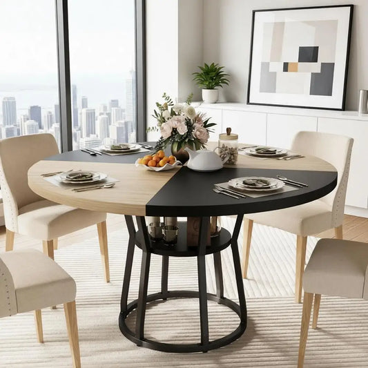 Round Farmhouse Dining Table With Built-In Storage and Metal Legs