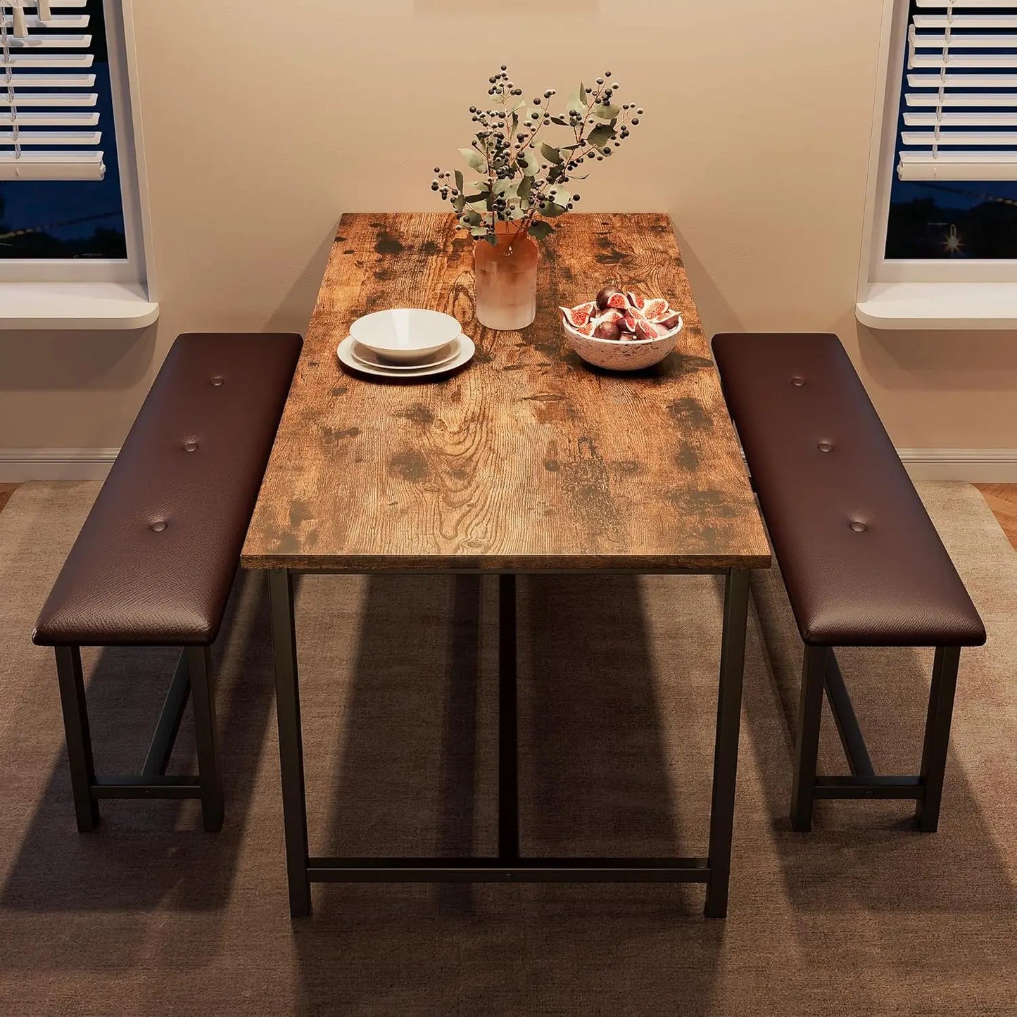 Dining Table Set for Four With Upholstered Benches Three Piece