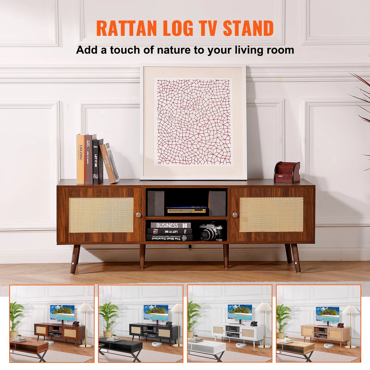 SucceBuy Rattan TV Stand With Built-In USB Ports and Shelves