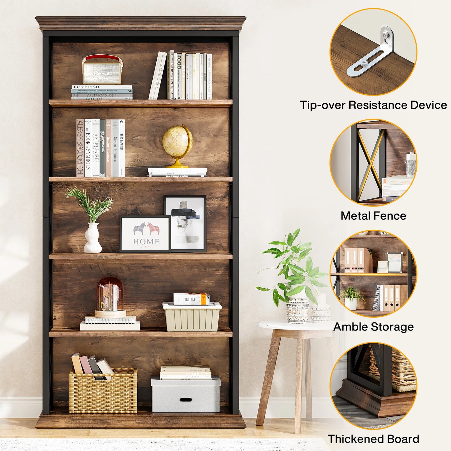 Tribesigns 5 Tier Bookcase Industrial Floor Standing Bookshelf