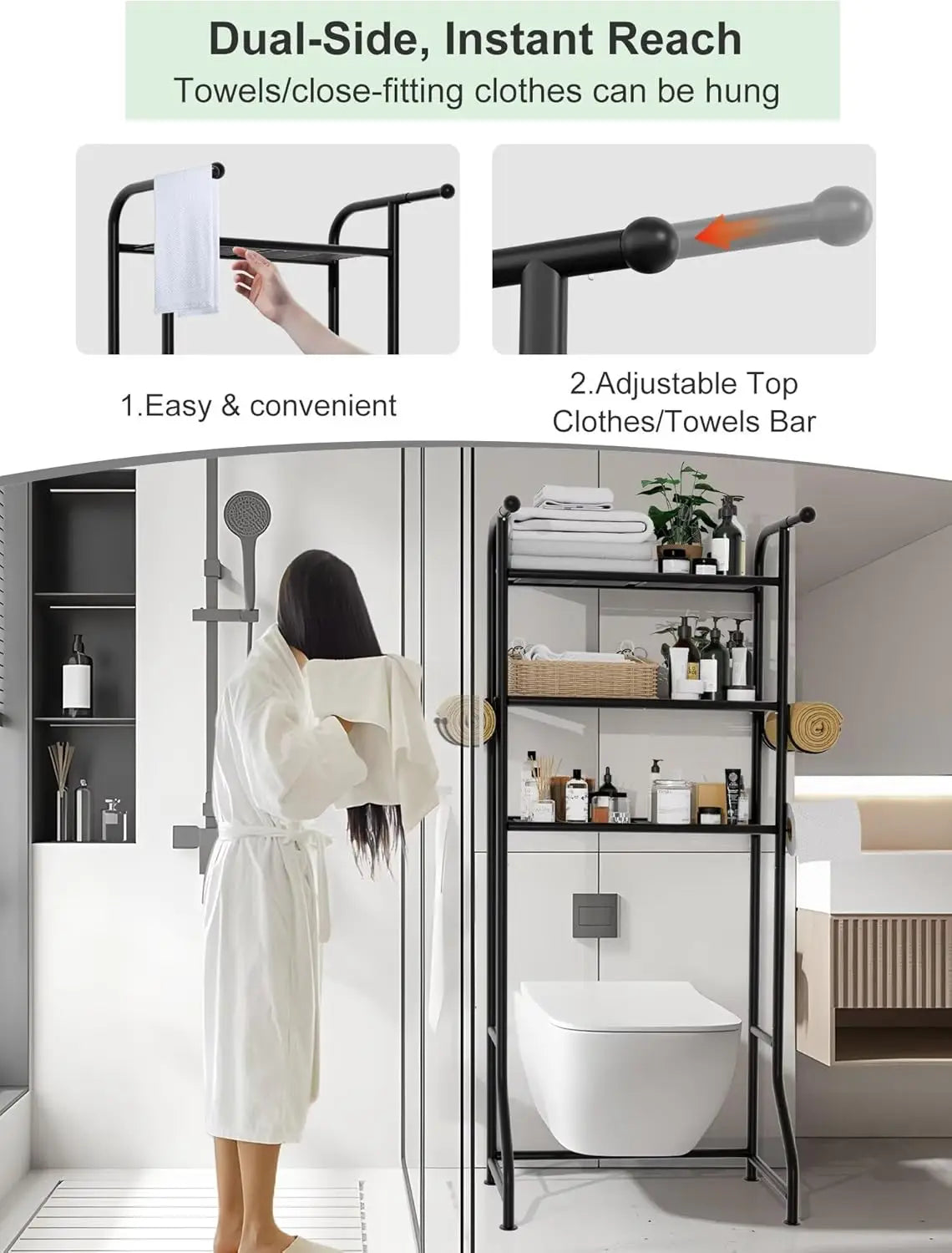 Over Toilet Storage Shelf Organizer With Metal Hooks Paper Holder