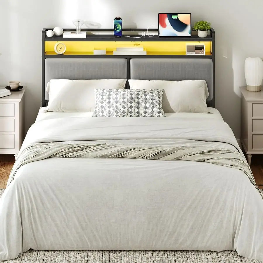 Upholstered Headboard With Storage And Charging Station LED Lights