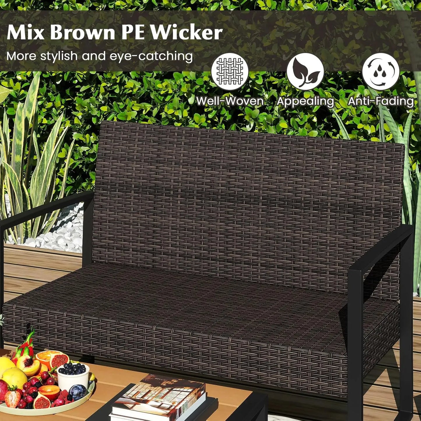 Outdoor Rattan Patio 4 Piece Set With Cushioned Chairs