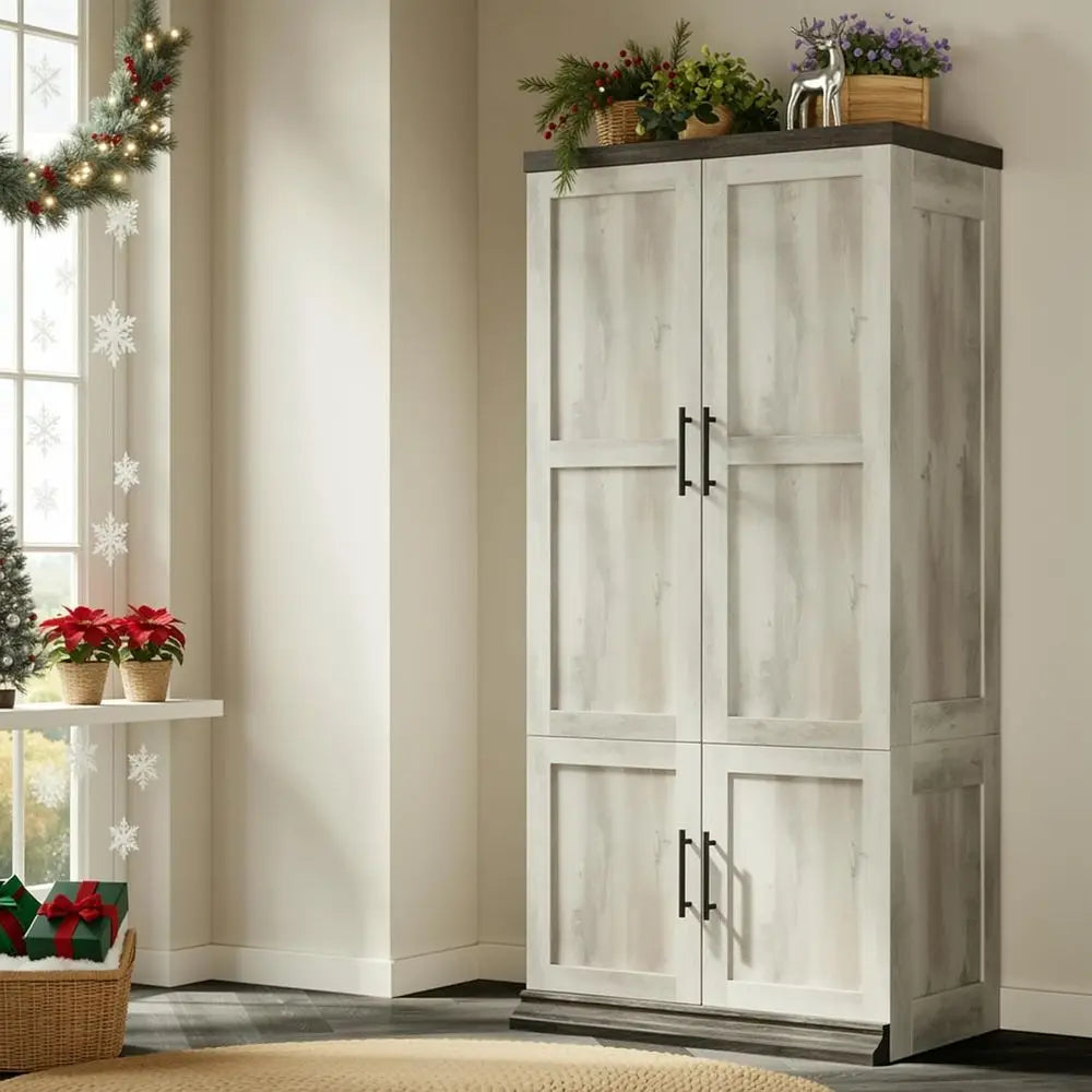 RBXC Rustic Wooden Tall Wardrobe With Hanging Rod And Doors