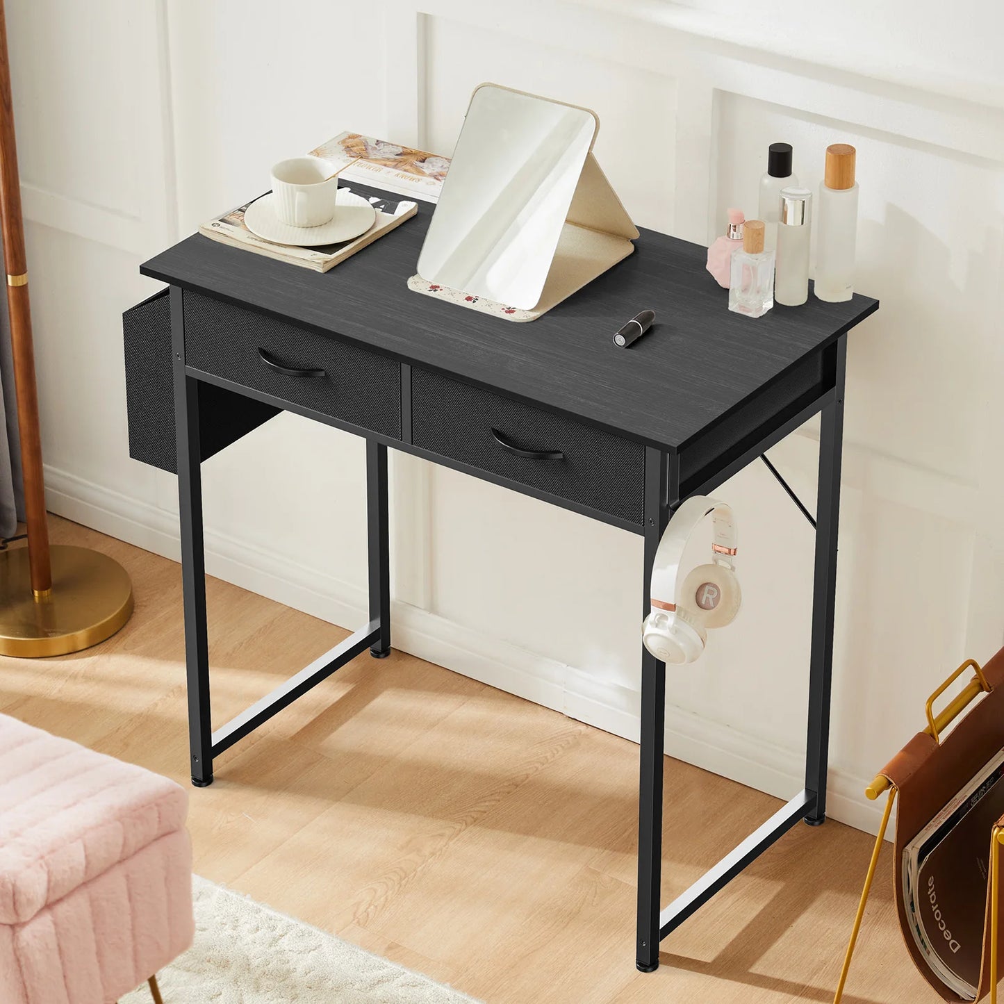 JHK Modern Office Desk With Metal Frame And Fabric Drawers