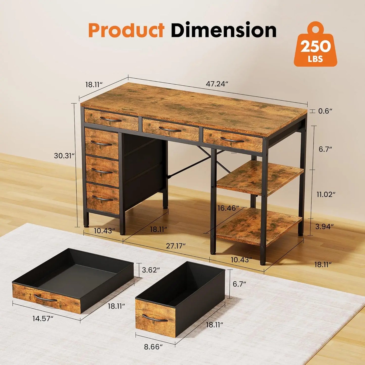 XMSJ Computer Desk With 6 Drawers And Storage Shelves