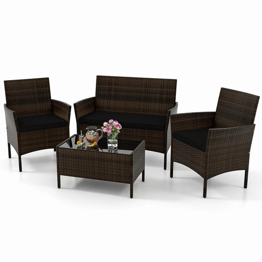Outdoor Rattan Patio Furniture Set 4 Piece Wicker Conversation Set