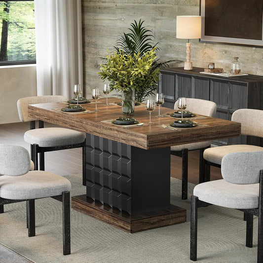 Modern Rectangular Farmhouse Dining Table With Sturdy Wood Pedestal