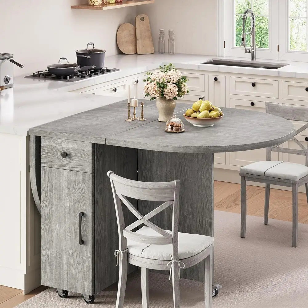 Space-Saving Oval Drop Leaf Dining Table With Storage Drawer And 2-Tier Shelf