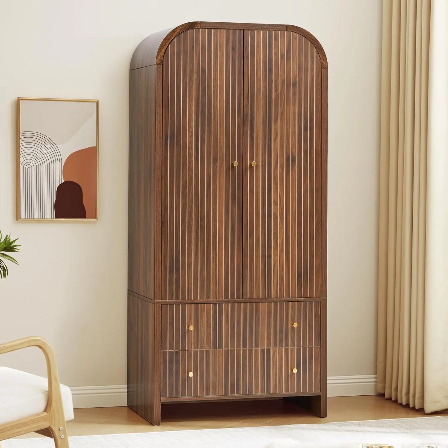 Arched Armoire Wardrobe Modern Two Door With Hanging Rod Drawers