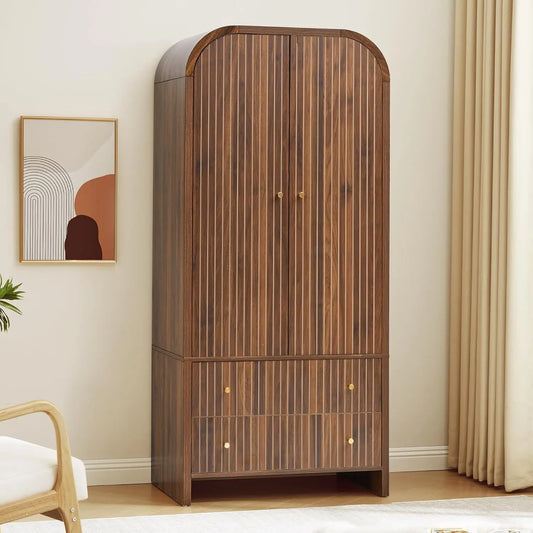 Arched Armoire Wardrobe Modern Two Door With Hanging Rod Drawers