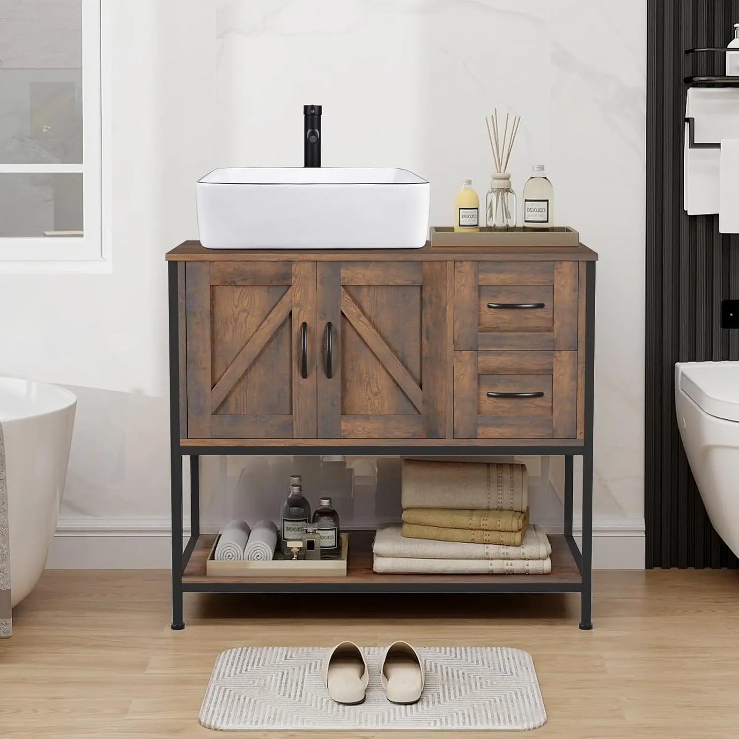 Rustic Farmhouse Bathroom Vanity With Ceramic Vessel Sink