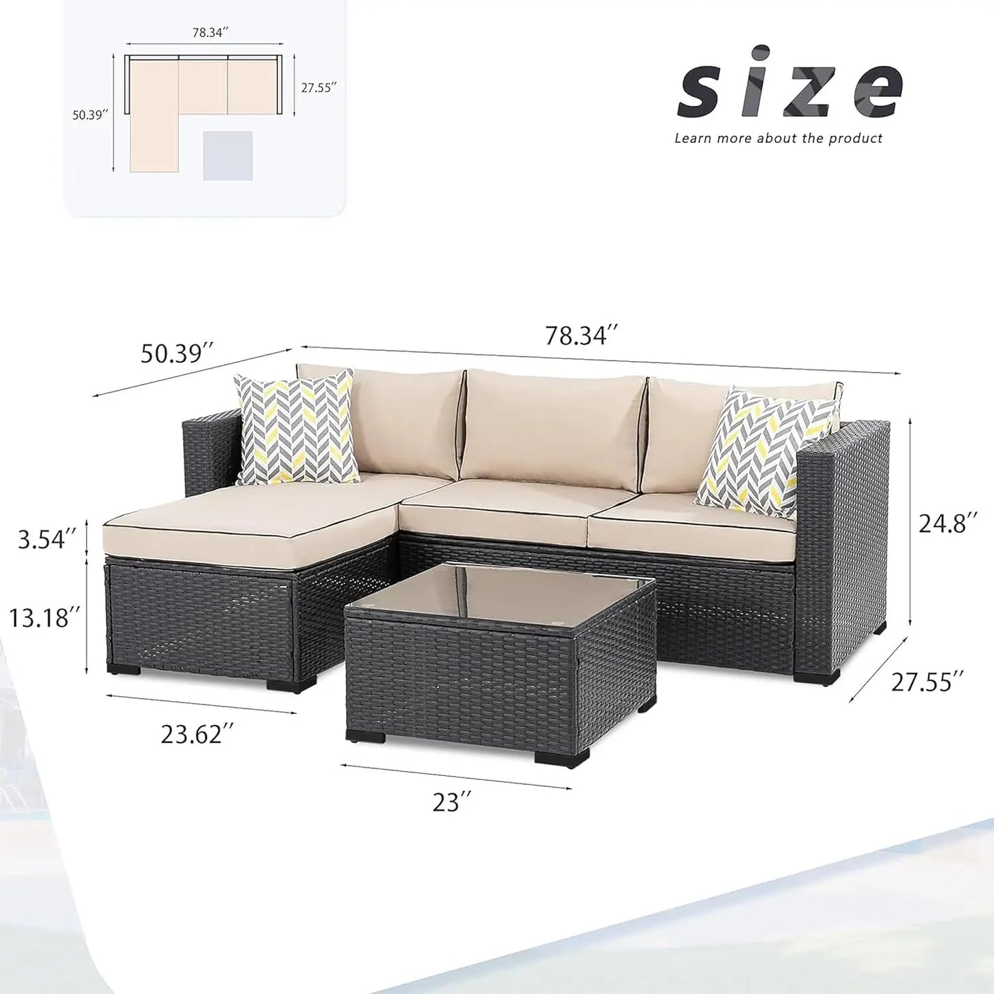 Outdoor 3-Piece Sectional Set With All-Weather Weatherproof-Rattan And Glass Table